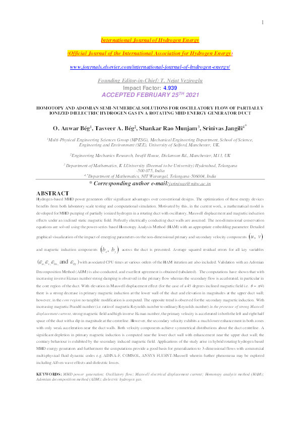 Homotopy and adomian semi-numerical solutions for oscillatory flow of partially ionized dielectric hydrogen gas in a rotating MHD energy generator duct Thumbnail