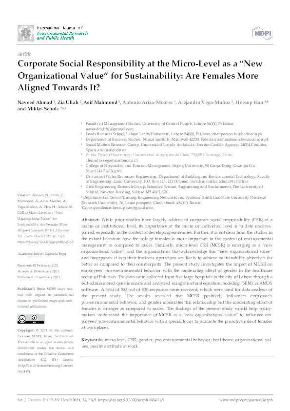 Corporate social responsibility at the micro-level as a “new organizational value” for sustainability : are females more aligned towards it? Thumbnail