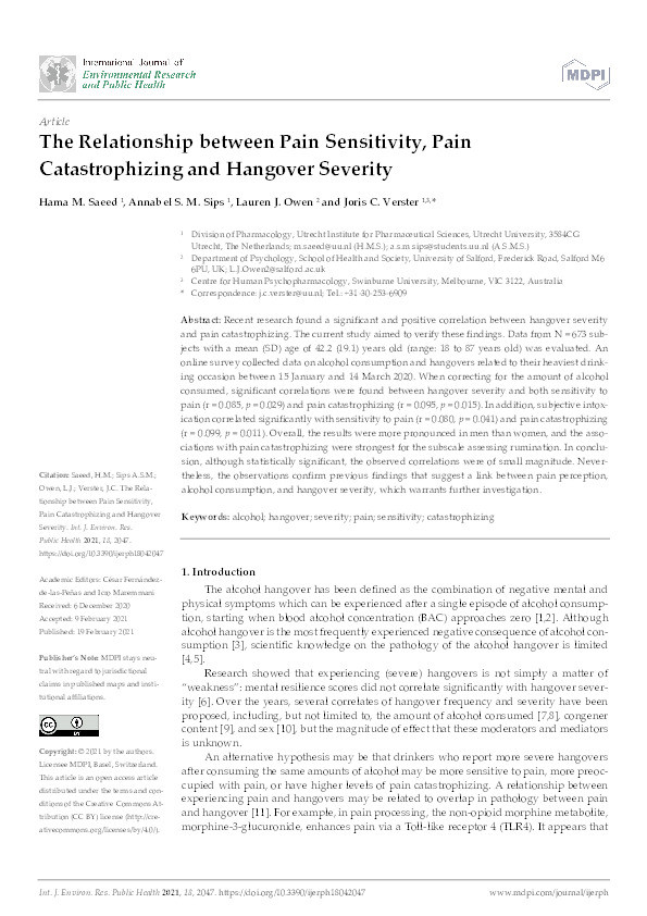The relationship between pain sensitivity, pain catastrophizing and hangover severity Thumbnail