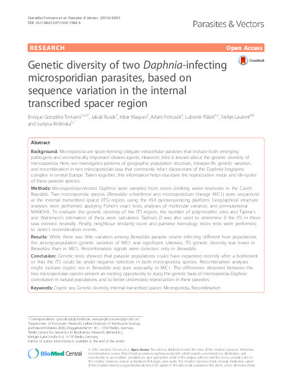 Genetic diversity of two Daphnia-infecting microsporidian parasites, based on sequence variation in the internal transcribed spacer region Thumbnail