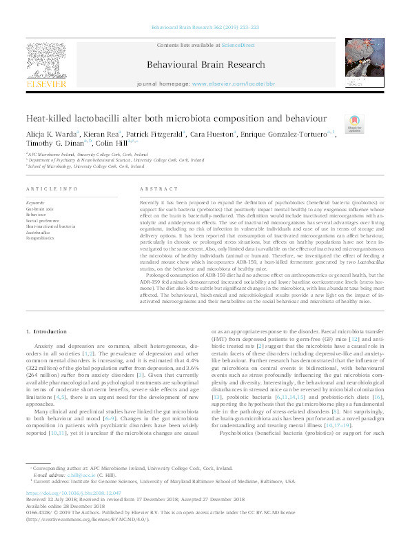 Heat-killed lactobacilli alter both microbiota composition and behaviour Thumbnail