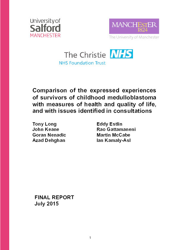 Comparison of the expressed experiences of survivors of childhood medulloblastoma with measures of health and quality of life, and with issues identified in consultations Thumbnail