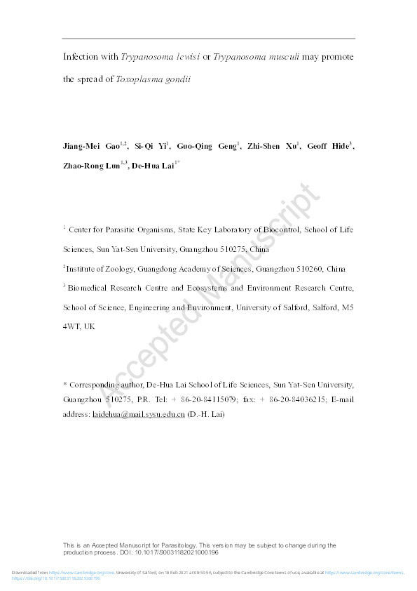 Infection with Trypanosoma lewisi or Trypanosoma musculi may promote the spread of Toxoplasma gondii Thumbnail