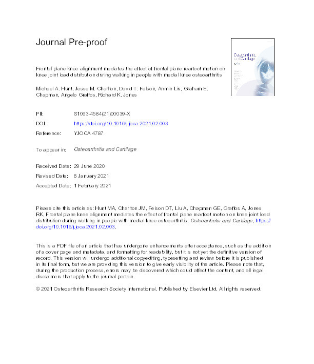 Frontal plane knee alignment mediates the effect of frontal plane rearfoot motion on knee joint load distribution during walking in people with medial knee osteoarthritis Thumbnail