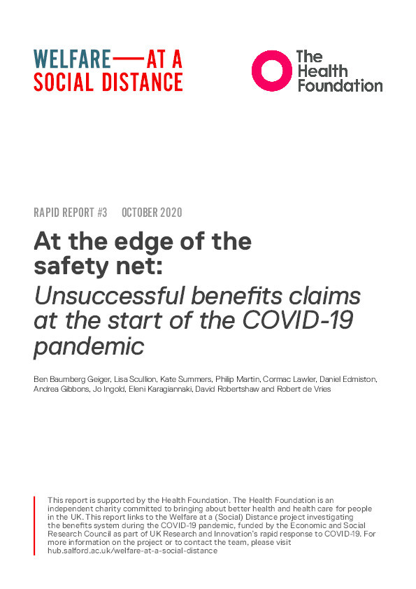 At the edge of the safety net : unsuccessful benefits claims at the start of the COVID-19 pandemic - Welfare at a (Social) Distance Rapid Report #3 Thumbnail