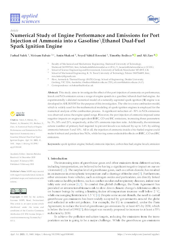 Numerical study of engine performance and emissions for port injection of ammonia into a gasoline\ethanol dual-fuel spark ignition engine Thumbnail