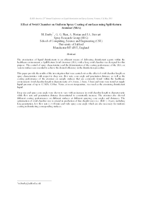 Effect of swirl chamber on uniform spray coating of surfaces using Spill-Return Atomiser (SRA) Thumbnail