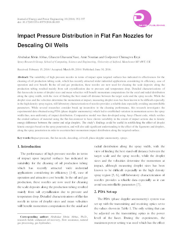 Impact pressure distribution in flat fan nozzles for descaling oil wells Thumbnail