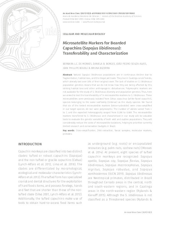Microsatellite markers for bearded capuchins (Sapajus libidinosus) : transferability and characterization Thumbnail