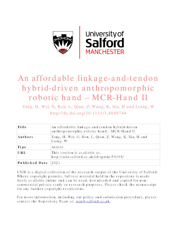 An affordable linkage-and-tendon hybrid-driven anthropomorphic robotic hand – MCR-Hand II Thumbnail