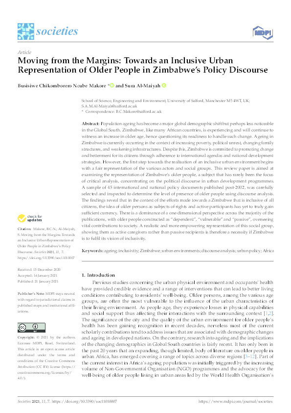 Moving from the margins : towards an inclusive urban representation of older people in Zimbabwe’s policy discourse Thumbnail