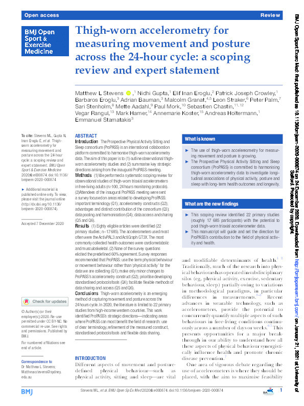 Thigh-worn accelerometry for measuring movement and posture across the 24-hour cycle : a scoping review and expert statement Thumbnail