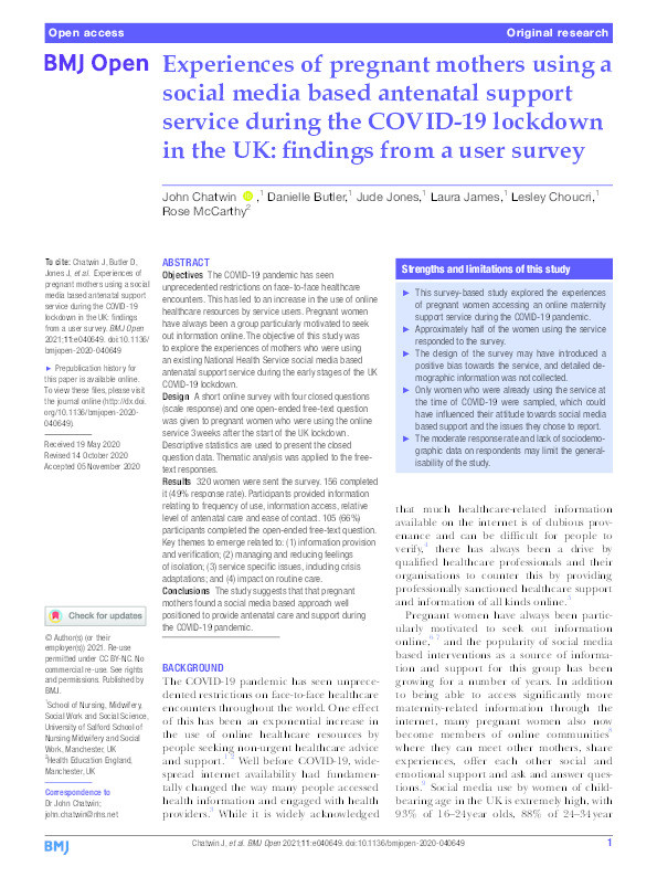 Experiences of pregnant mothers using a social media based antenatal support service during the COVID-19 lockdown in the UK : findings from a user survey Thumbnail