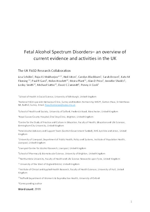 Fetal alcohol spectrum disorders : an overview of current evidence and activities in the UK Thumbnail