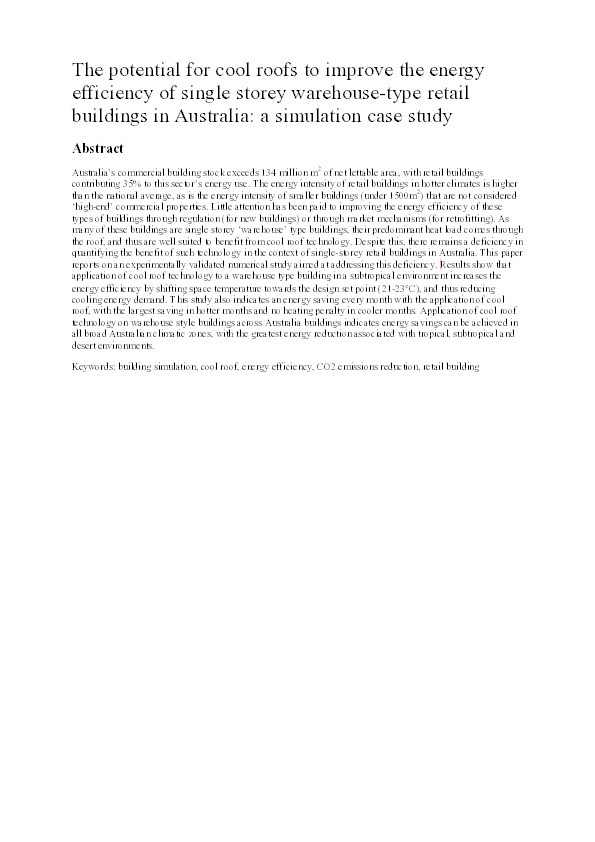 The potential for cool roofs to improve the energy efficiency of single storey warehouse-type retail buildings in Australia : a simulation case study Thumbnail