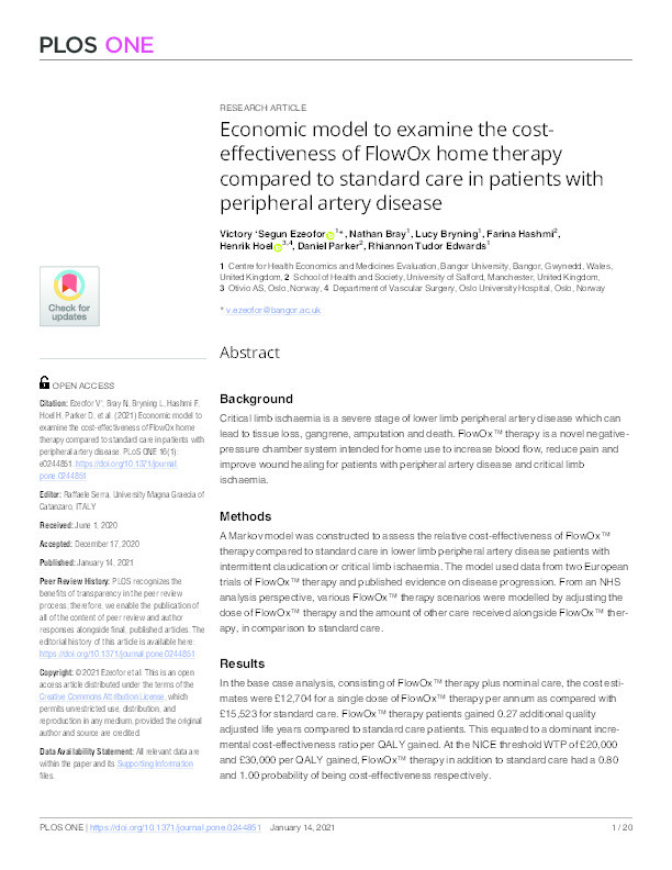 Economic model to examine the cost-effectiveness of FlowOx home therapy compared to standard care in patients with peripheral artery disease Thumbnail