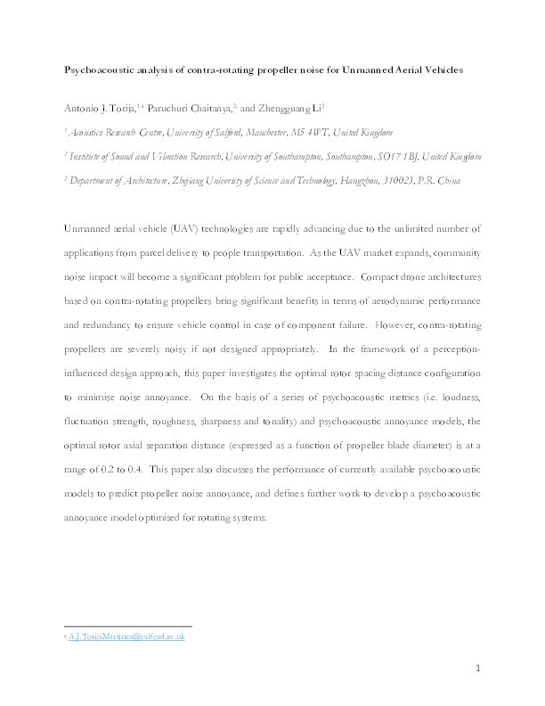 Psychoacoustic analysis of contra-rotating propeller noise for unmanned aerial vehicles Thumbnail