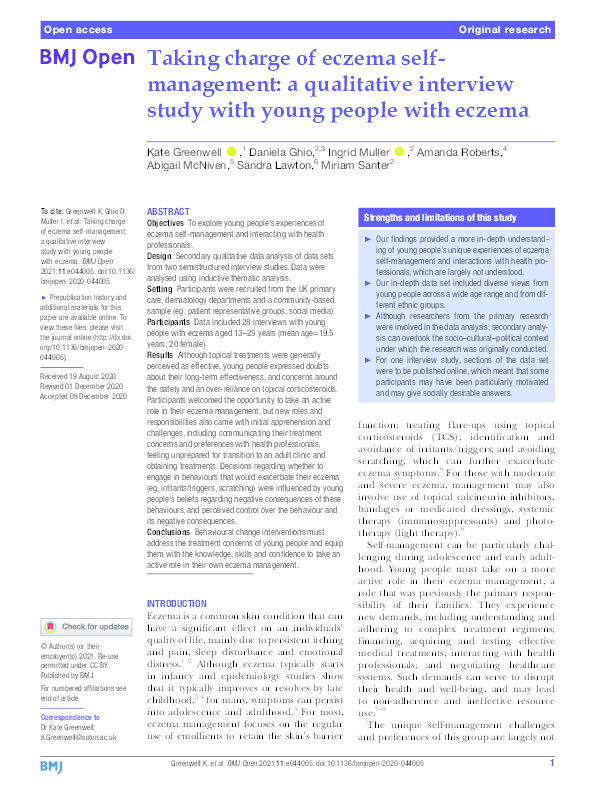 Taking charge of eczema self-management : a qualitative interview study with young people with eczema Thumbnail