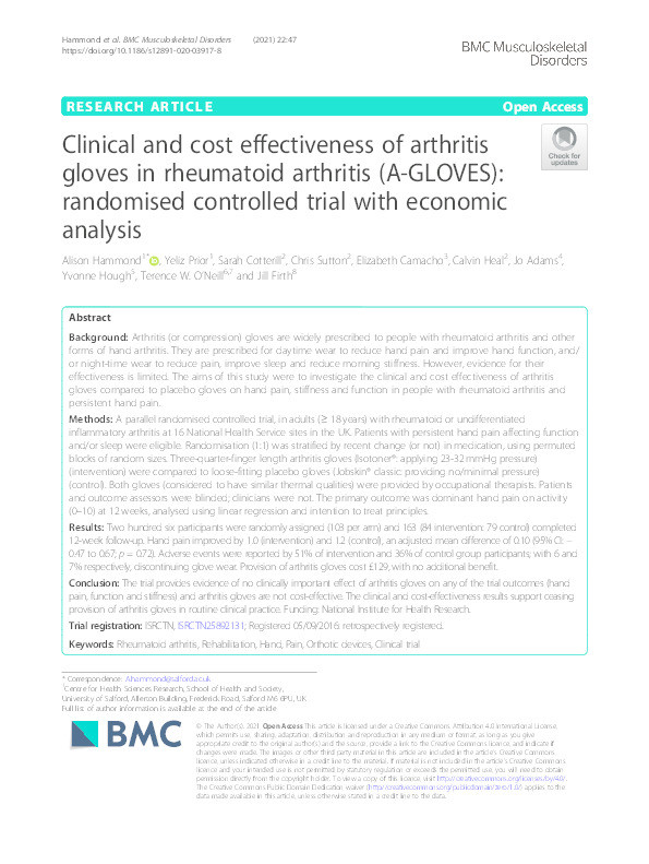 Clinical and cost effectiveness of arthritis gloves in rheumatoid arthritis (A-GLOVES) : randomised controlled trial with economic analysis Thumbnail