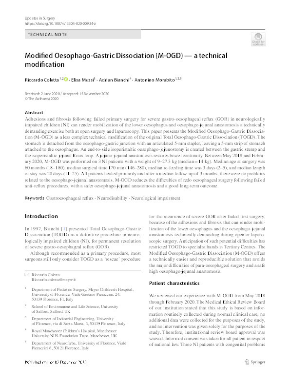 Modified Oesophago-Gastric Dissociation (M-OGD) — a technical modification Thumbnail
