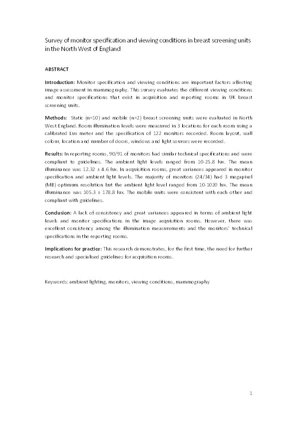 Survey of monitor specification and viewing conditions in breast screening units in the North West of England Thumbnail