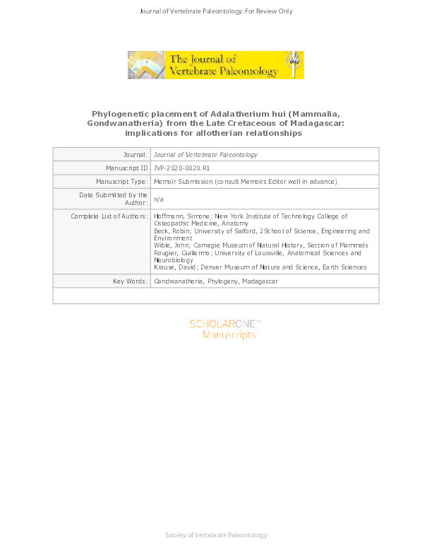 Phylogenetic placement of Adalatherium hui (Mammalia, Gondwanatheria) from the Late Cretaceous of Madagascar : implications for allotherian relationships Thumbnail