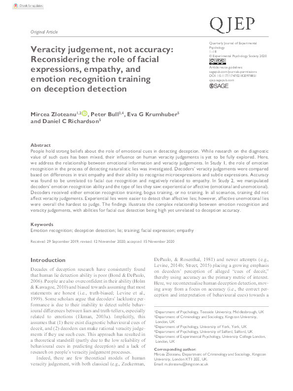 Veracity judgement, not accuracy : reconsidering the role of facial expressions, empathy, and emotion recognition training on deception detection Thumbnail