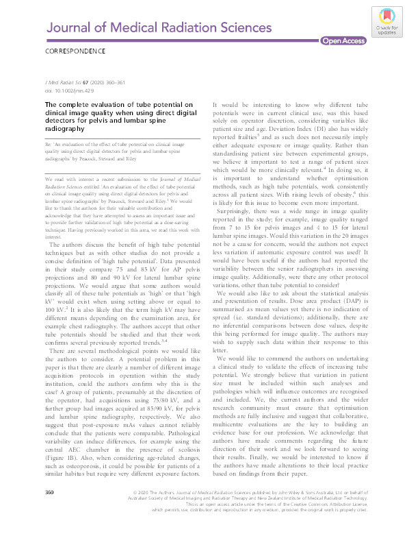 The complete evaluation of tube potential on clinical image quality when using direct digital detectors for pelvis and lumbar spine radiography Thumbnail