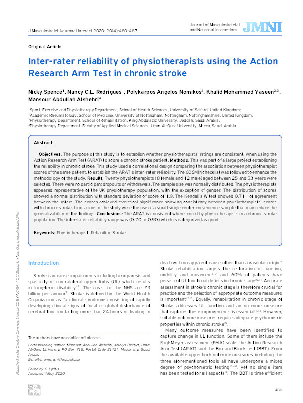 Inter-rater reliability of physiotherapists using the Action Research Arm Test in chronic stroke Thumbnail