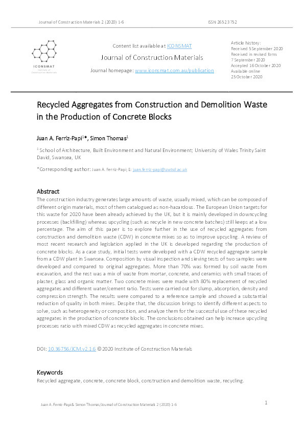 Recycled aggregates from construction and demolition waste in the production of concrete blocks Thumbnail