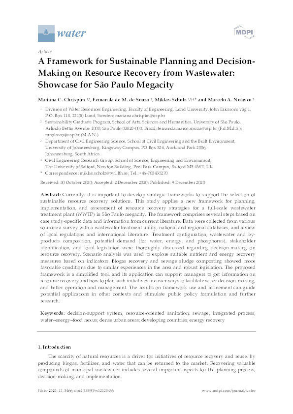 A framework for sustainable planning and decision-making on resource recovery from wastewater : showcase for São Paulo megacity Thumbnail