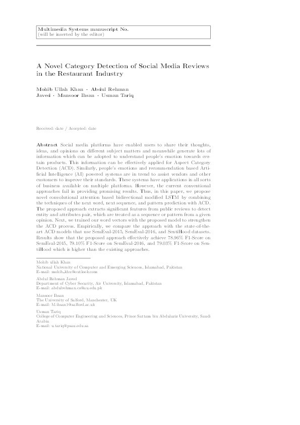 A novel category detection of social media reviews in the restaurant industry Thumbnail