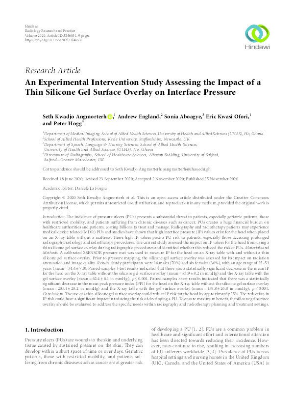 An experimental intervention study assessing the impact of a thin silicone gel surface overlay on interface pressure Thumbnail