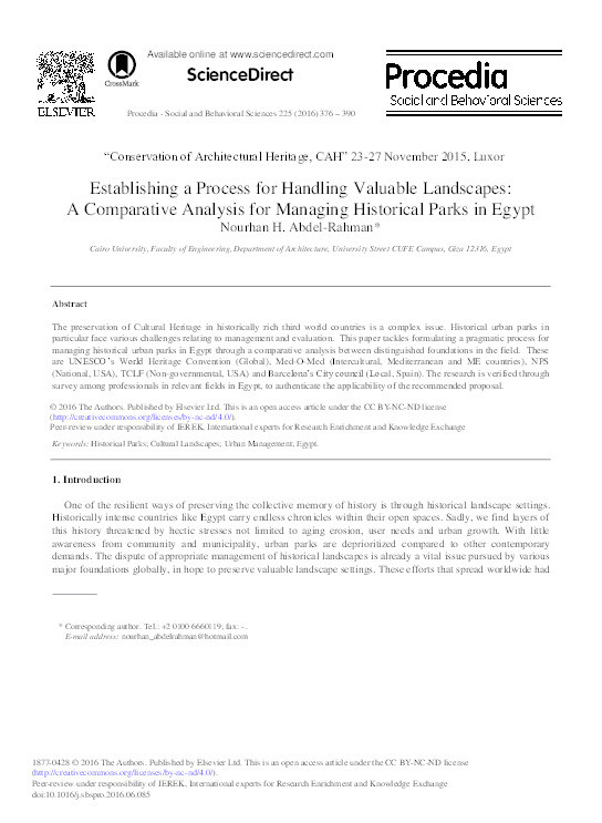 Establishing a process for handling valuable landscapes : a comparative analysis for managing historical parks in Egypt Thumbnail