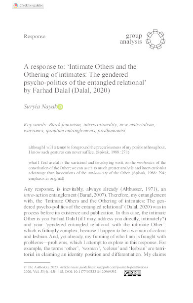 A response to : ‘Intimate Others and the Othering of intimates : the gendered psycho-politics of the entangled relational’ by Farhad Dalal (Dalal, 2020) Thumbnail