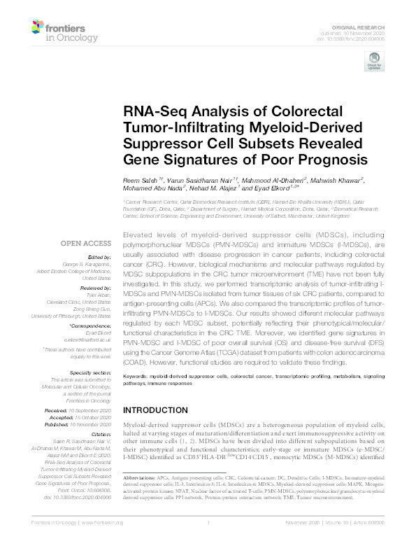 RNA-seq analysis of colorectal tumor-infiltrating myeloid-derived suppressor cell subsets revealed gene signatures of poor prognosis Thumbnail