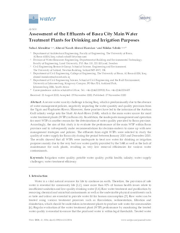 Assessment of the effluents of Basra City main water treatment plants for drinking and irrigation purposes Thumbnail