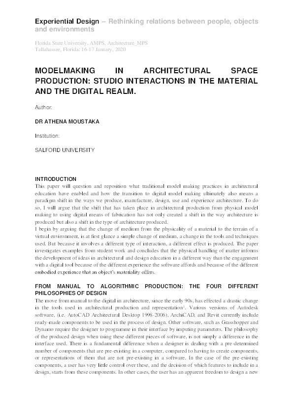 Modelmaking in architectural space production : studio interactions in the material and the digital realm Thumbnail