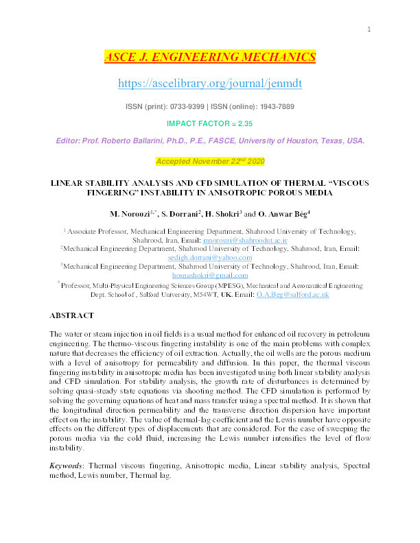 Linear stability analysis and CFD simulation of thermal viscous fingering instability in anisotropic porous media Thumbnail