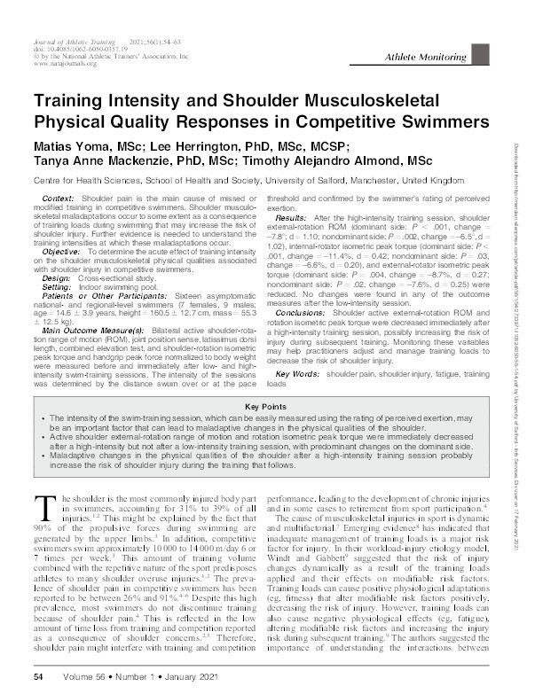 Training intensity and shoulder musculoskeletal physical quality responses in competitive swimmers Thumbnail