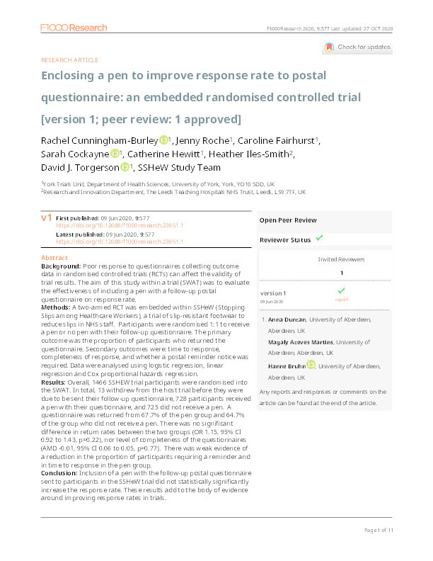 Enclosing a pen to improve response rate to postal questionnaire: an embedded randomised controlled trial Thumbnail