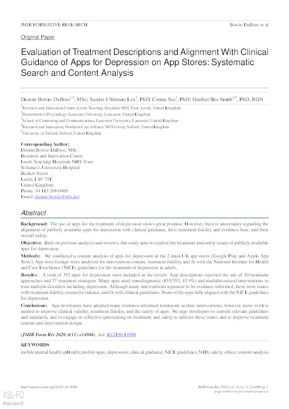 Evaluation of treatment descriptions and alignment with clinical guidance of apps for depression on app stores : systematic search and content analysis Thumbnail