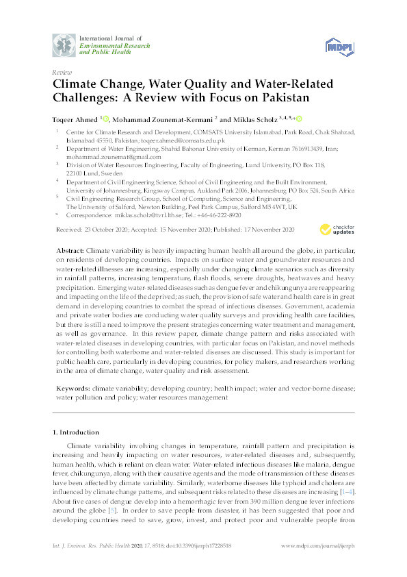 Climate change, water quality and water-related challenges : a review with focus on Pakistan Thumbnail