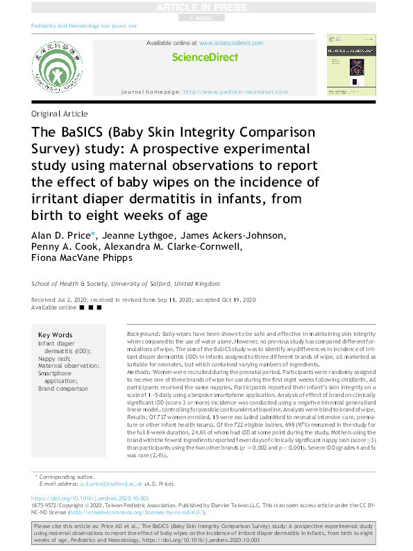 The BaSICS (Baby Skin Integrity Comparison Survey) study : a prospective experimental study using maternal observations to report the effect of baby wipes on the incidence of irritant diaper dermatitis in infants, from birth to eight weeks of age Thumbnail