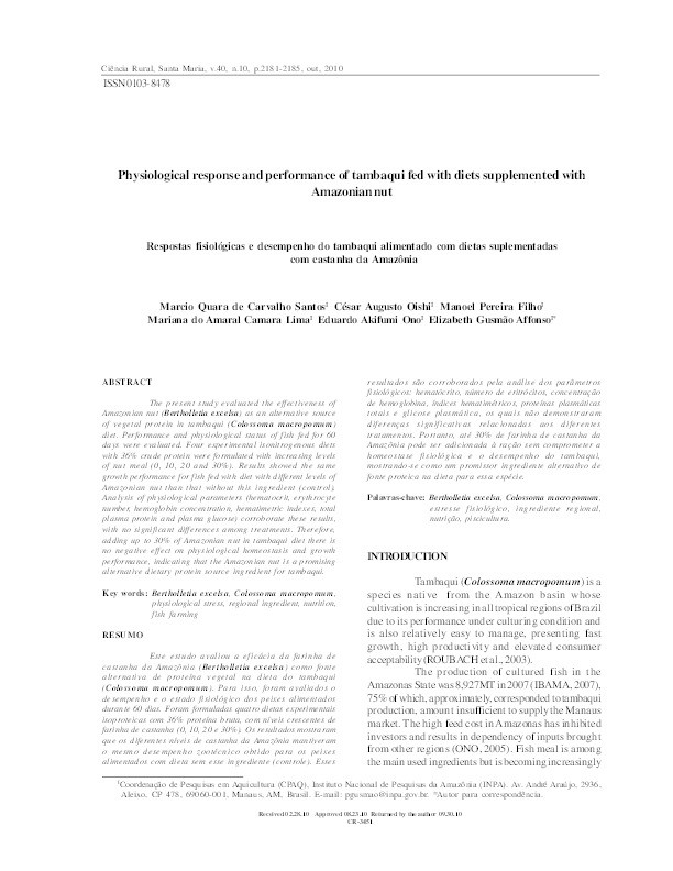 Physiological response and performance of tambaqui fed with diets supplemented with Amazonian nut Thumbnail