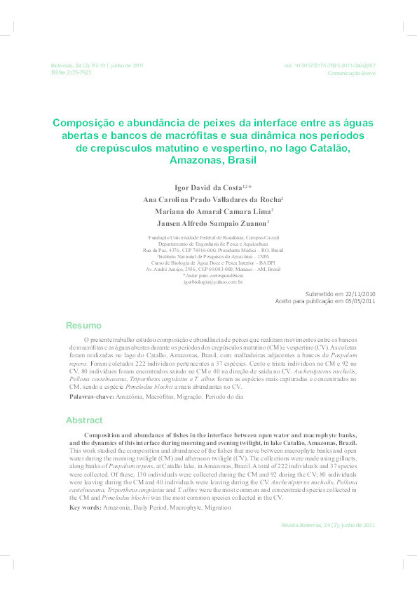 Composição e abundância de peixes da interface entre as águas abertas e bancos de macrófitas e sua dinâmica nos períodos de crepúsculos matutino e vespertino, no lago Catalão, Amazonas, Brasil (Composition and abundance of fishes in the interface between open water and macrophyte banks, and 
the dynamics of this interface during morning and evening twilight, in lake Catalao, Amazonas, Brazil) Thumbnail