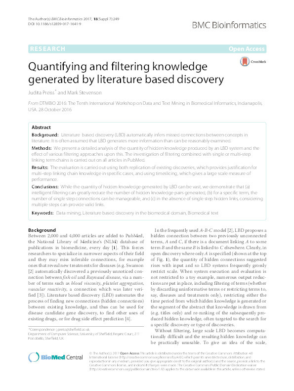 Quantifying and filtering knowledge generated by literature based discovery Thumbnail