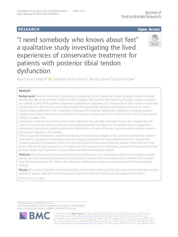 “I need somebody who knows about feet” a qualitative study investigating the lived experiences of conservative treatment for patients with posterior tibial tendon dysfunction Thumbnail