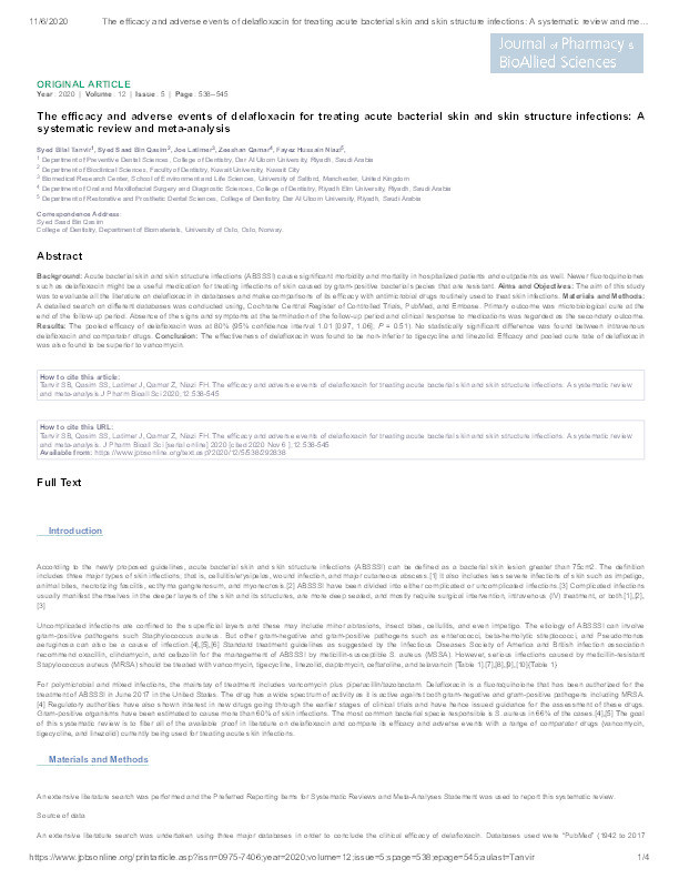 The efficacy and adverse events of delafloxacin for treating acute bacterial skin and skin structure infections : a systematic review and meta-analysis Thumbnail