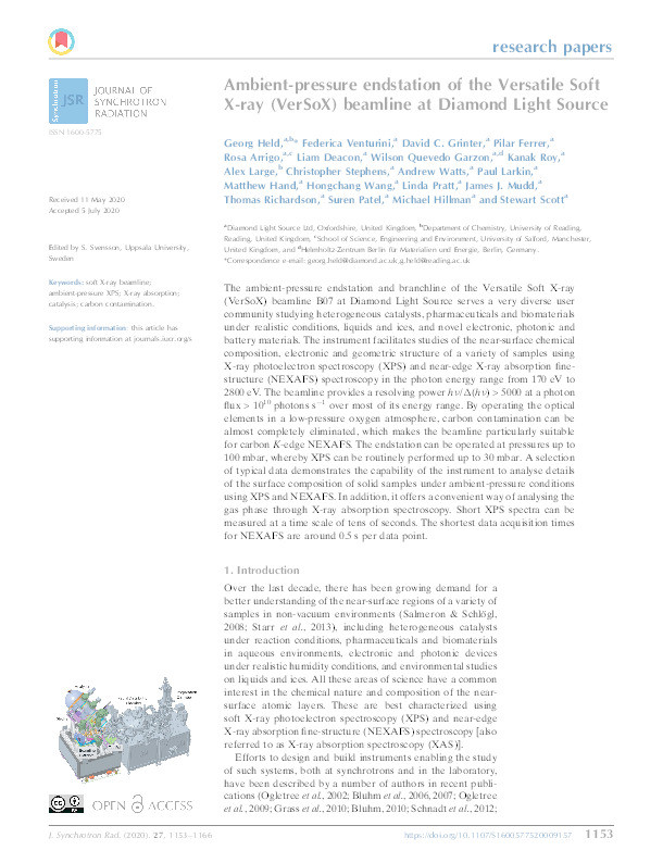 Ambient-pressure endstation of the Versatile Soft X-ray (VerSoX) beamline at Diamond Light Source Thumbnail